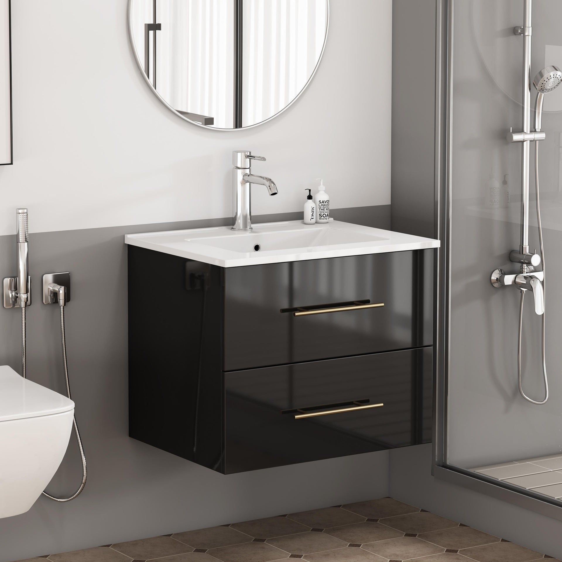 24-Inch Wall-Mounted Bathroom Vanity with Sink Combo,Double Drawers, Ceramic Basin, Easy Assemble,Long Handle In Gold Metal,2 Storage Drawers,Glossy Black