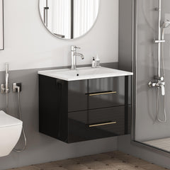 24-Inch Wall-Mounted Bathroom Vanity with Sink Combo,Double Drawers, Ceramic Basin, Easy Assemble,Long Handle In Gold Metal,2 Storage Drawers,Glossy Black