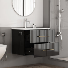 24-Inch Wall-Mounted Bathroom Vanity with Sink Combo,Double Drawers, Ceramic Basin, Easy Assemble,Long Handle In Gold Metal,2 Storage Drawers,Glossy Black