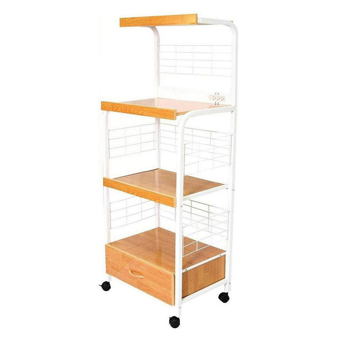 59.5" Tall 3-Tier Microwave Kitchen Cart with Drawer and Outlet, White and Natural