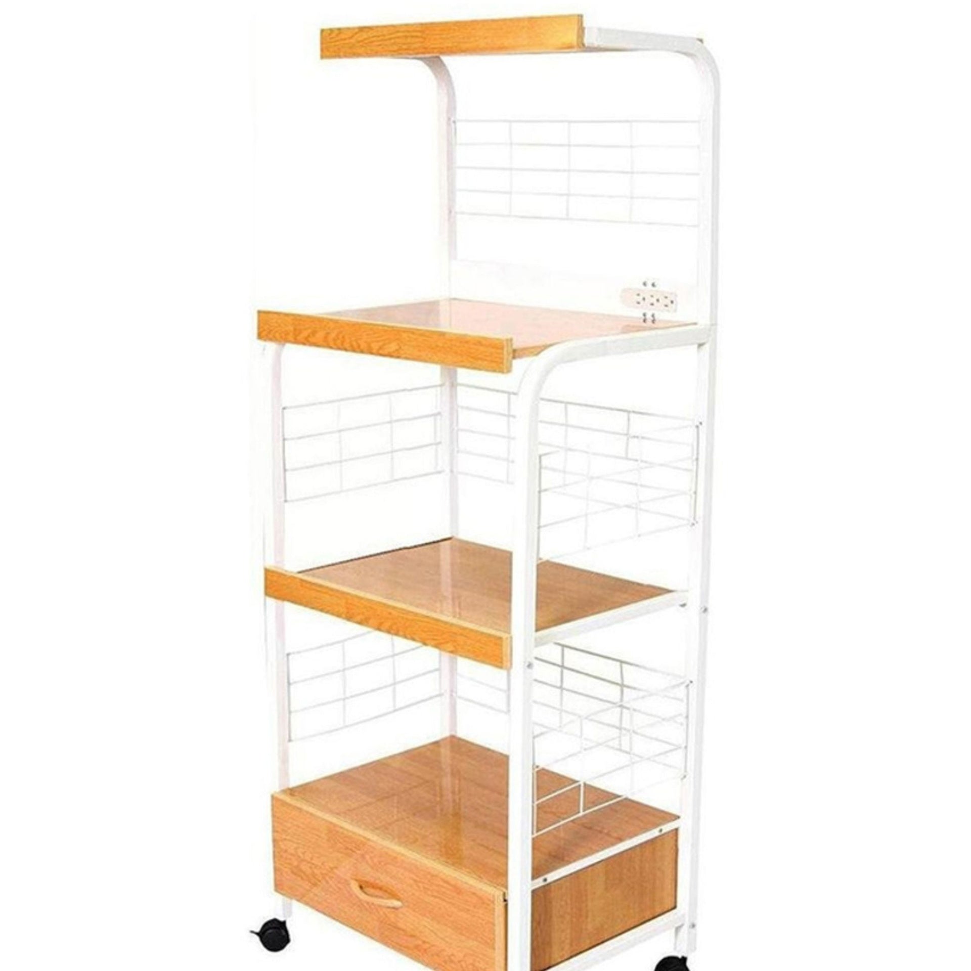 59.5" Tall 3-Tier Microwave Kitchen Cart with Drawer and Outlet, White and Natural