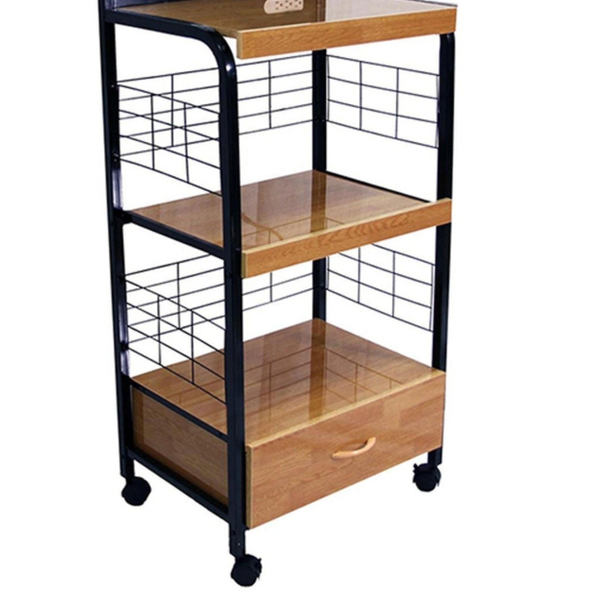 59.5" Tall 4-Tier Microwave Kitchen Cart with Drawer and Outlet, Black and Natural