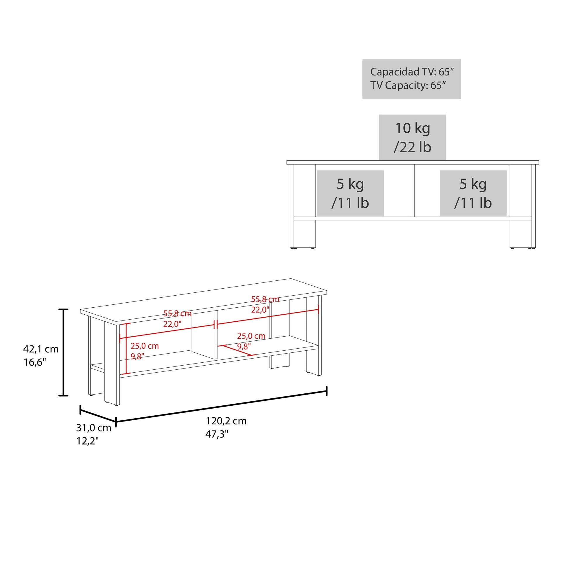 Navia 47" Wide Tv Stand  with Two Shelves, for Living room, Bedroom, Entertainment Dark Walnut