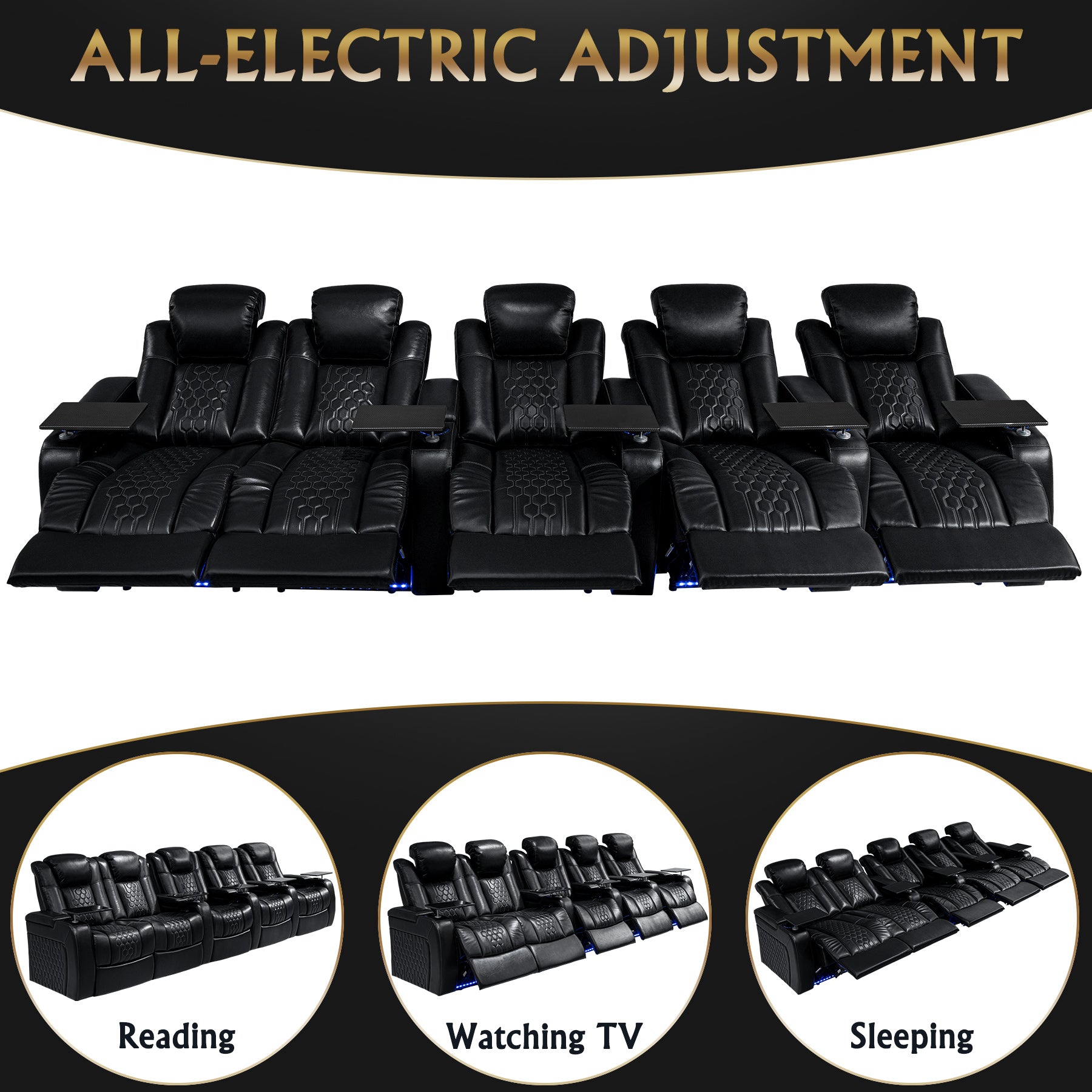 155.5"Power Recliner 5 PC Made WithTop-Grain Nappa,Fully Adjustable Relaxation,Smart Charging,Dynamic RGB LED Lighting,BLACK