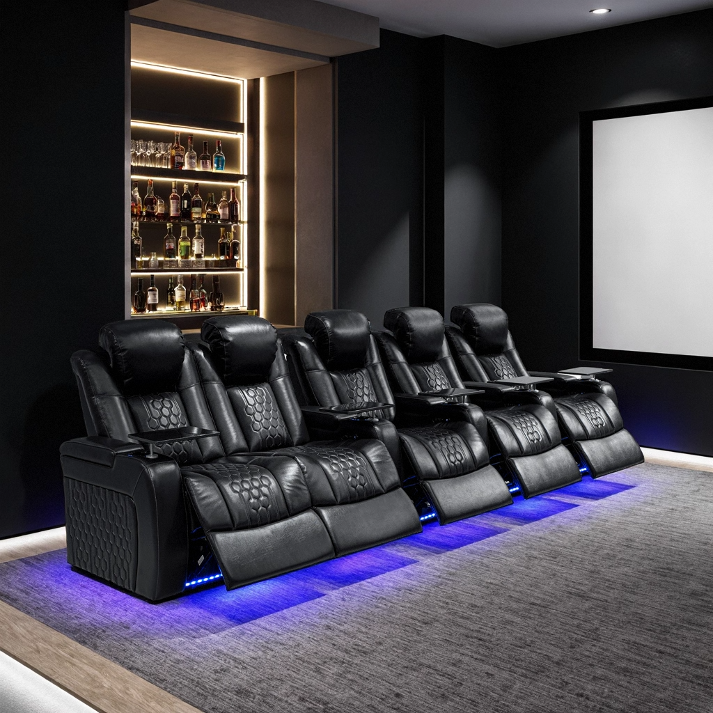 155.5"Power Recliner 5 PC Made WithTop-Grain Nappa,Fully Adjustable Relaxation,Smart Charging,Dynamic RGB LED Lighting,BLACK