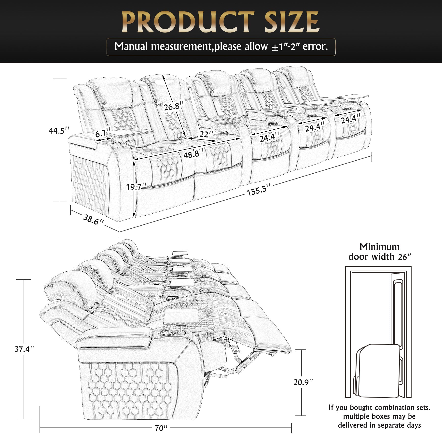 155.5"Power Recliner 5 PC Made WithTop-Grain Nappa,Fully Adjustable Relaxation,Smart Charging,Dynamic RGB LED Lighting,BLACK
