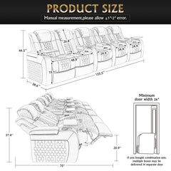 155.5"Power Recliner 5 PC Made WithTop-Grain Nappa,Fully Adjustable Relaxation,Smart Charging,Dynamic RGB LED Lighting,BLACK