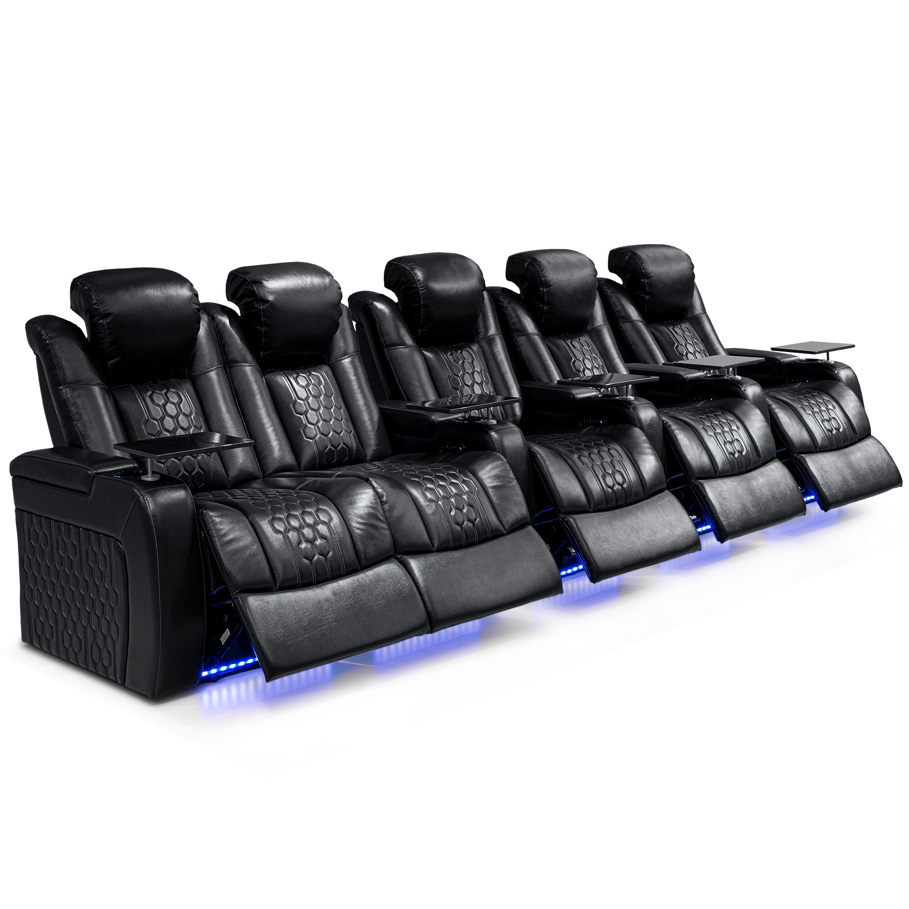 155.5"Power Recliner 5 PC Made WithTop-Grain Nappa,Fully Adjustable Relaxation,Smart Charging,Dynamic RGB LED Lighting,BLACK