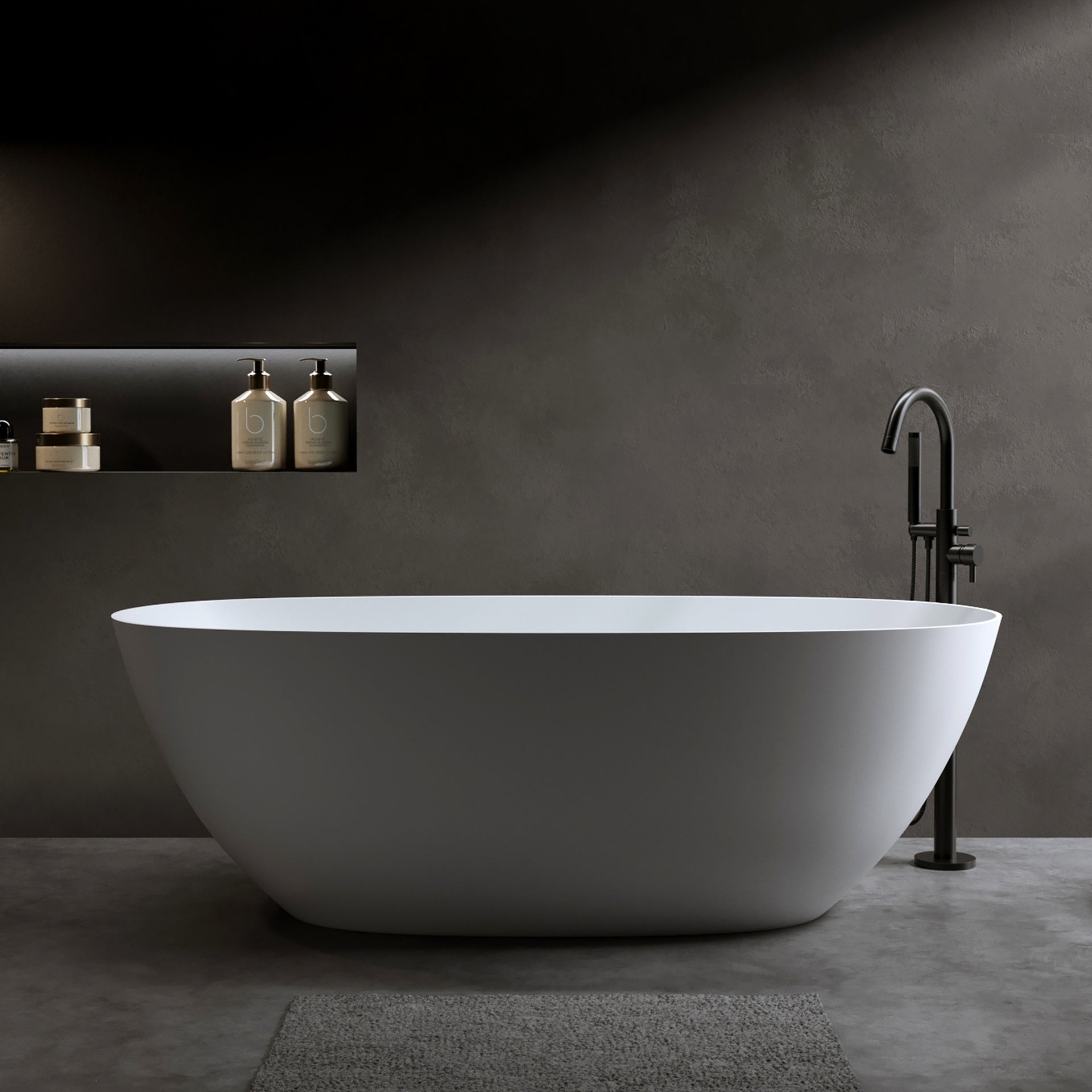 61'' Freestanding Bathtub Resin Stone Soaking Bathtub Solid Surface Modern Tubs with Overflow and Pop-up Drain in White