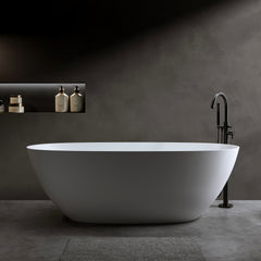 61'' Freestanding Bathtub Resin Stone Soaking Bathtub Solid Surface Modern Tubs with Overflow and Pop-up Drain in White