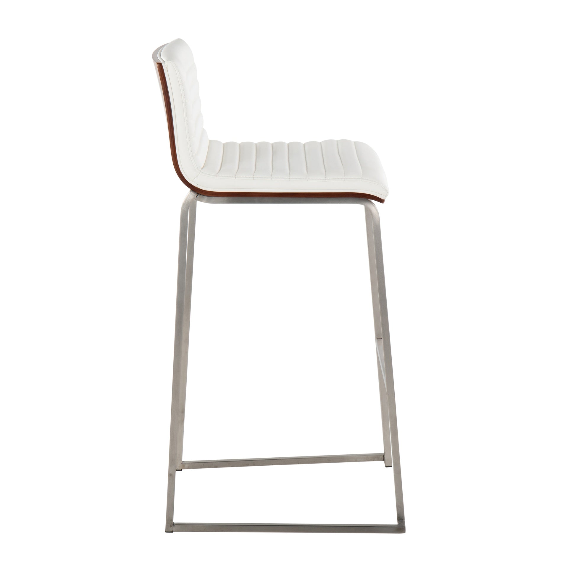 Mason Mara 30" Contemporary Fixed-Height Barstool in Stainless Steel, Walnut Wood and White Faux Leather by LumiSource - Set of 2