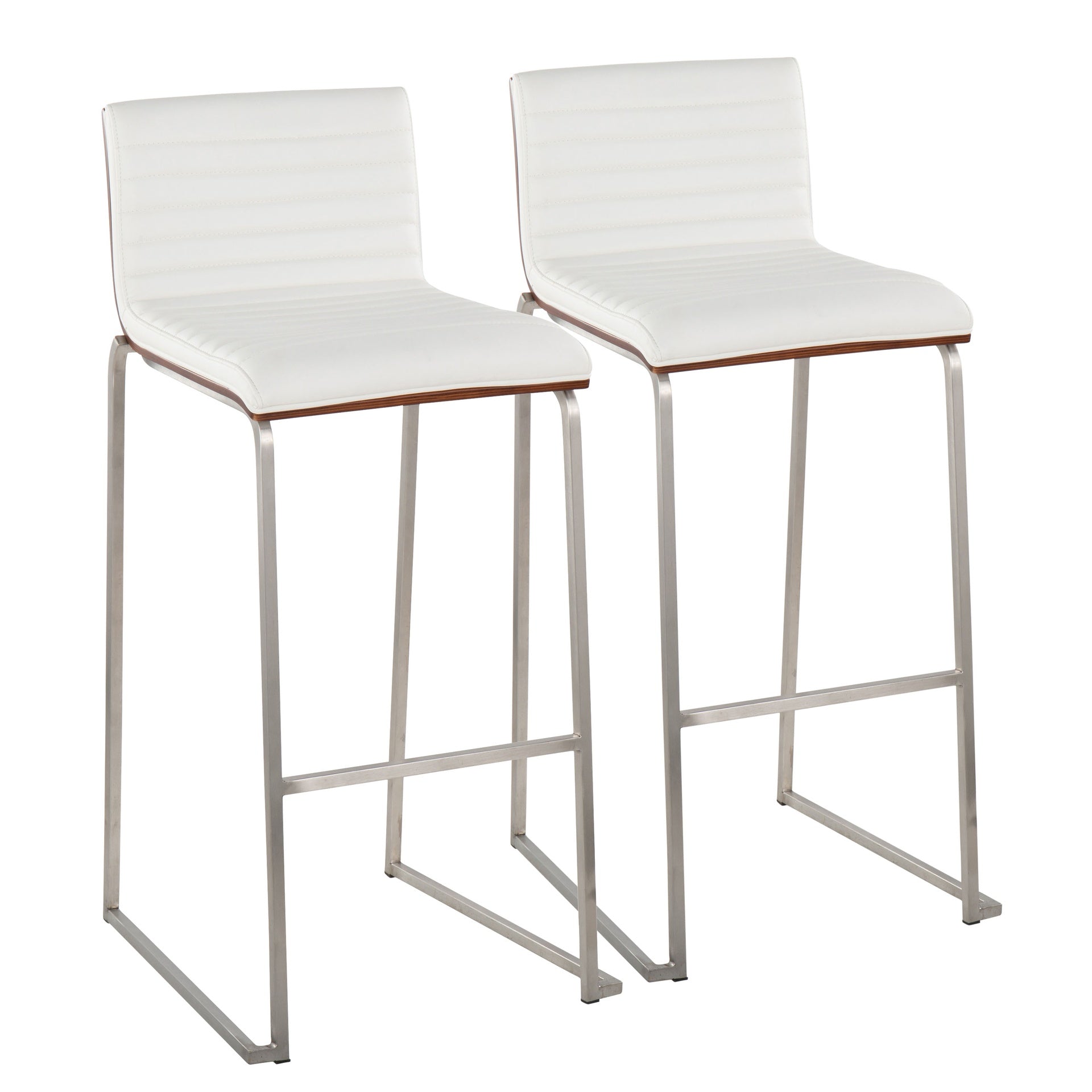 Mason Mara 30" Contemporary Fixed-Height Barstool in Stainless Steel, Walnut Wood and White Faux Leather by LumiSource - Set of 2