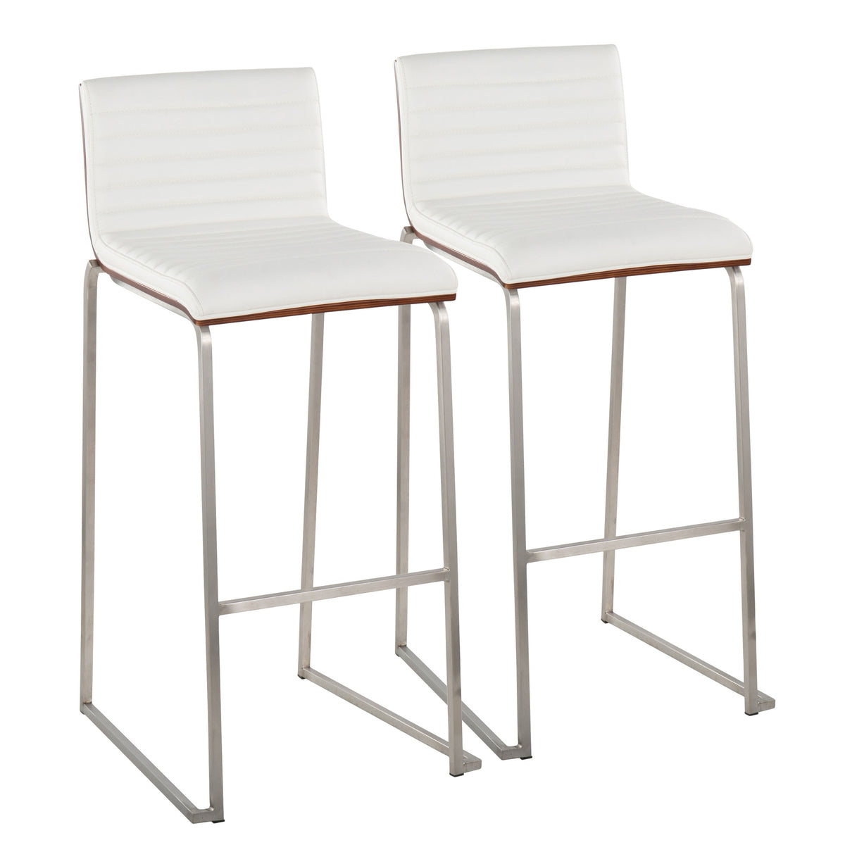 Mason Mara 30" Contemporary Fixed-Height Barstool in Stainless Steel, Walnut Wood and White Faux Leather by LumiSource - Set of 2