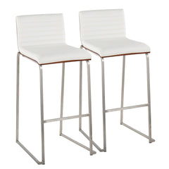 Mason Mara 30" Contemporary Fixed-Height Barstool in Stainless Steel, Walnut Wood and White Faux Leather by LumiSource - Set of 2