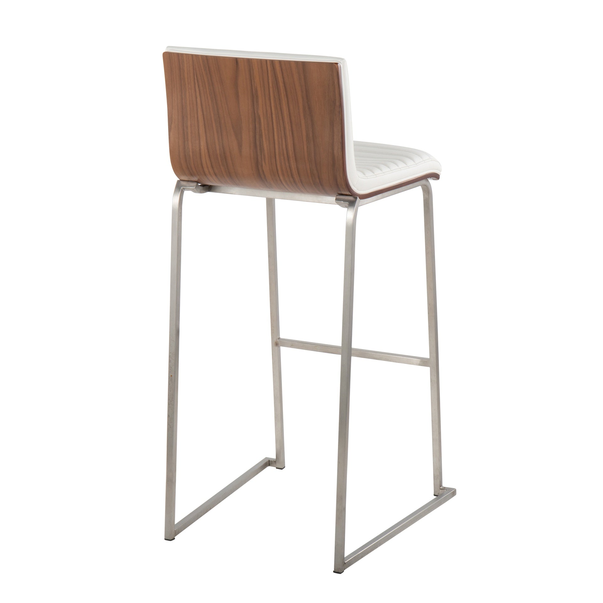 Mason Mara 30" Contemporary Fixed-Height Barstool in Stainless Steel, Walnut Wood and White Faux Leather by LumiSource - Set of 2
