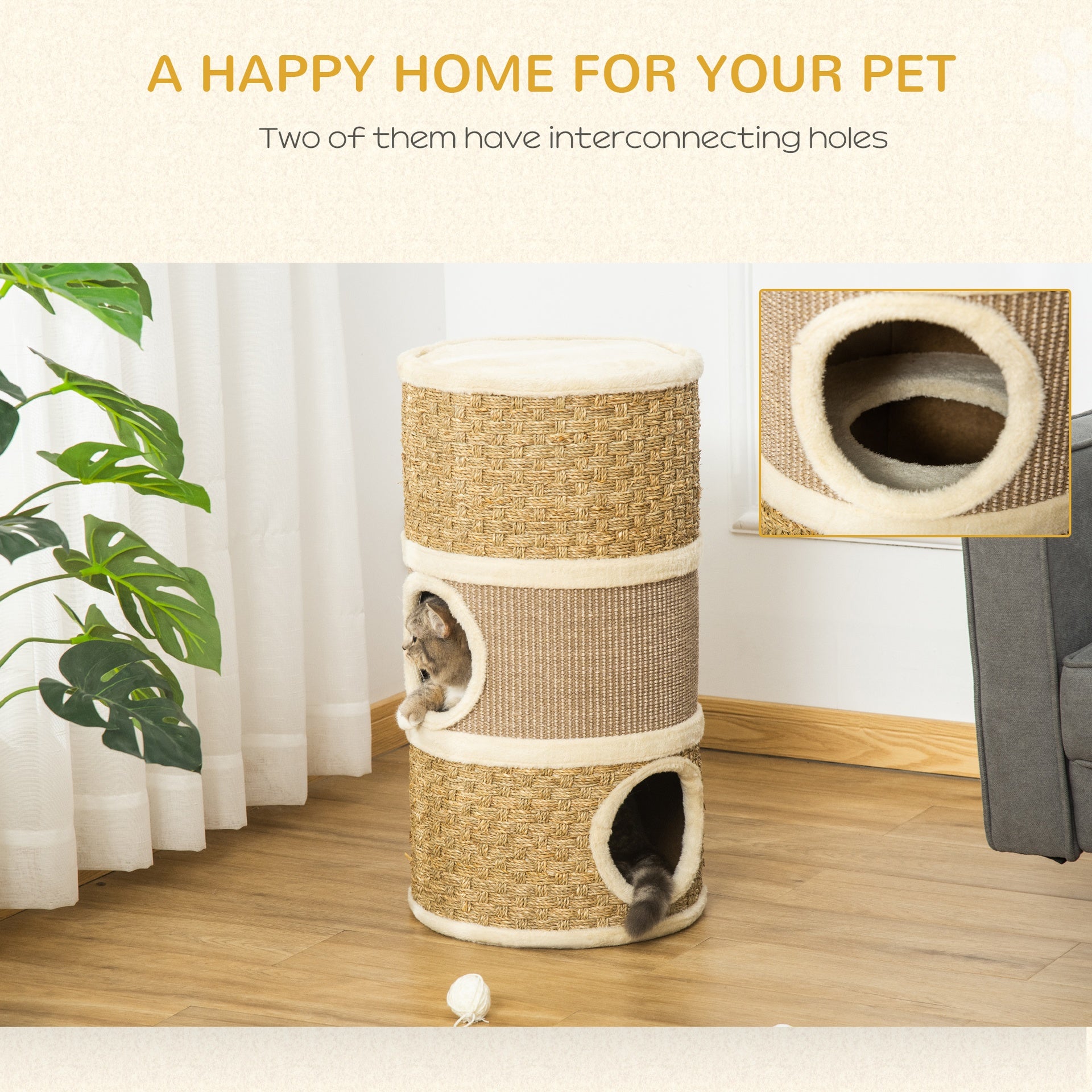 PawHut 28 Inch Cat Condo, 3 Story Cat Hideaway with Sisal Scratching Pad, Barrel Shaped Small Cat Tree for Indoor Cats, Khaki and Brown