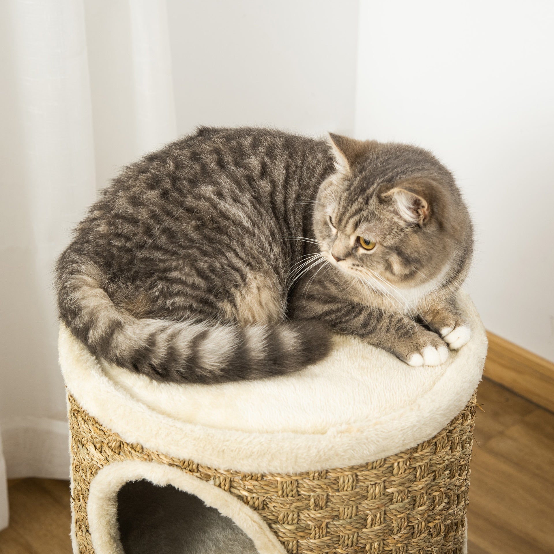 PawHut 28 Inch Cat Condo, 3 Story Cat Hideaway with Sisal Scratching Pad, Barrel Shaped Small Cat Tree for Indoor Cats, Khaki and Brown