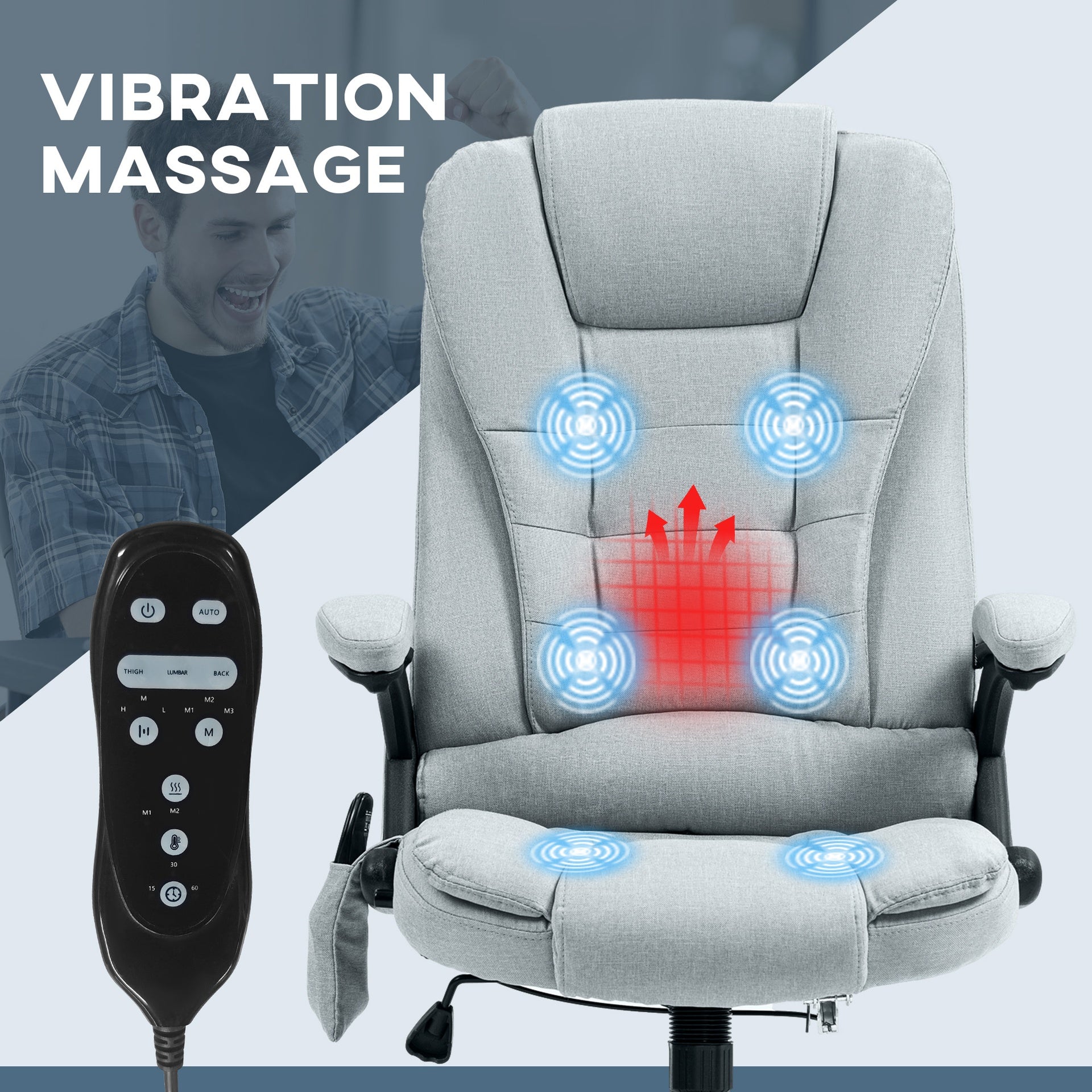 HOMCOM 6 Point Vibrating Massage Office Chair with Heat, Linen High Back Executive Office Chair with Reclining Backrest, Padded Armrests and Remote, Light Gray