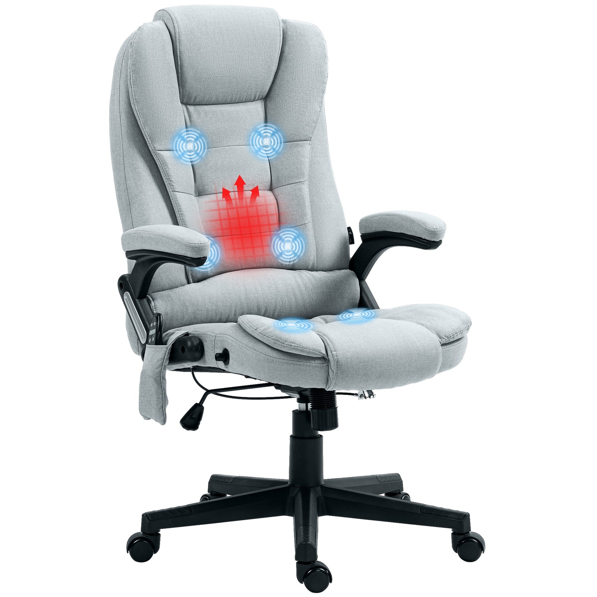 HOMCOM 6 Point Vibrating Massage Office Chair with Heat, Linen High Back Executive Office Chair with Reclining Backrest, Padded Armrests and Remote, Light Gray