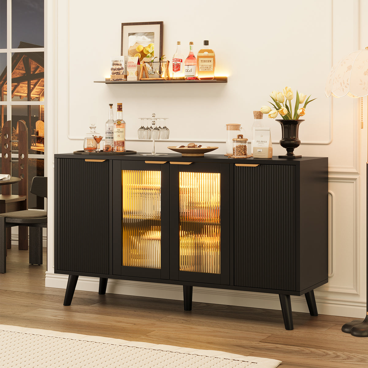Sideboard Buffet Cabinet with LED Lights, 4 Door Coffee Bar Cabinet for Kitchen, Dining, Black