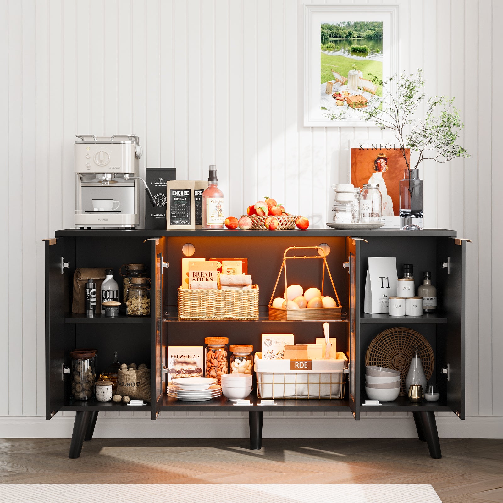 Sideboard Buffet Cabinet with LED Lights, 4 Door Coffee Bar Cabinet for Kitchen, Dining, Black