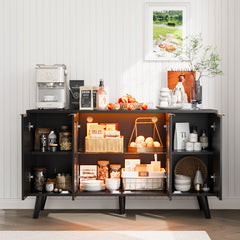 Sideboard Buffet Cabinet with LED Lights, 4 Door Coffee Bar Cabinet for Kitchen, Dining, Black