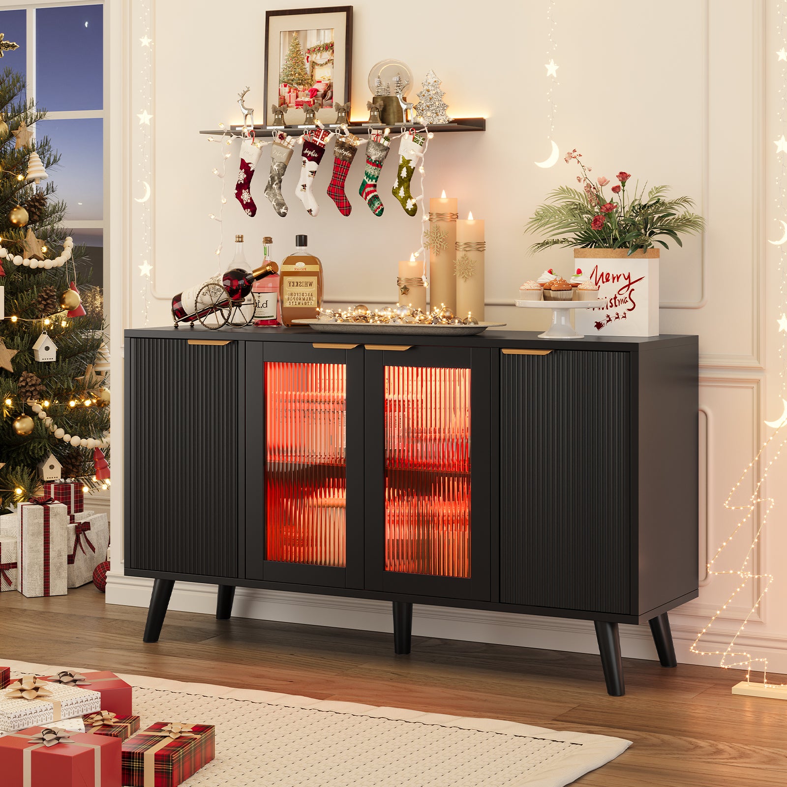 Sideboard Buffet Cabinet with LED Lights, 4 Door Coffee Bar Cabinet for Kitchen, Dining, Black