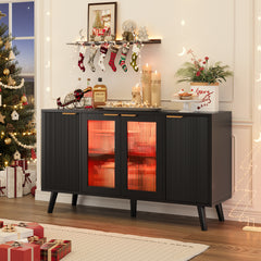 Sideboard Buffet Cabinet with LED Lights, 4 Door Coffee Bar Cabinet for Kitchen, Dining, Black