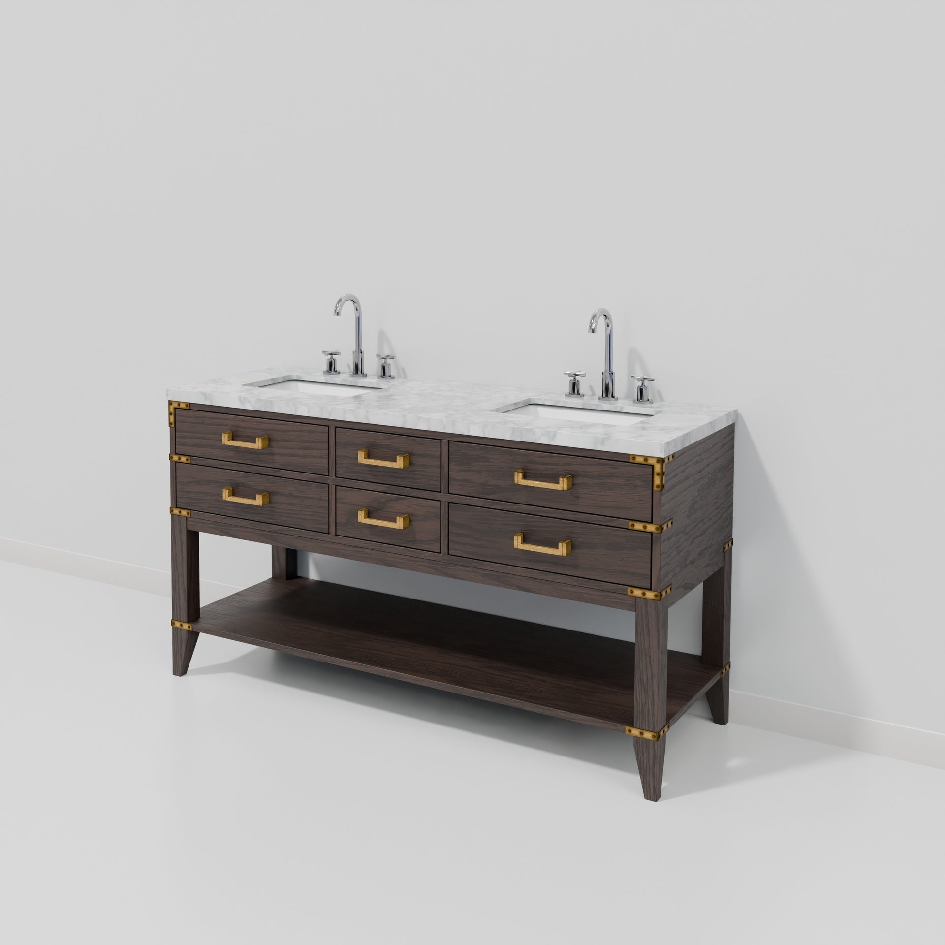 Brown Oak Double Bath Vanity 60 in. W x 22 in. D, Carrara Marble Top, and Faucet Set