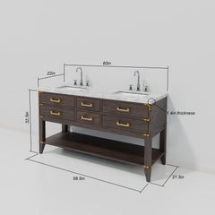 Brown Oak Double Bath Vanity 60 in. W x 22 in. D, Carrara Marble Top, and Faucet Set