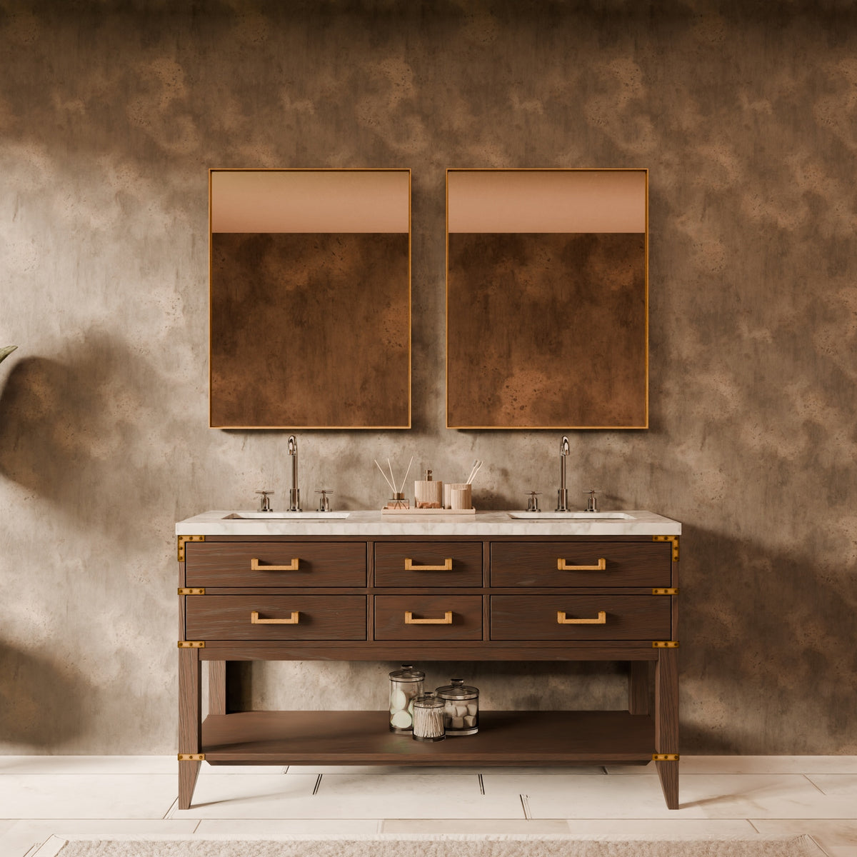 Brown Oak Double Bath Vanity 60 in. W x 22 in. D, Carrara Marble Top, and Faucet Set
