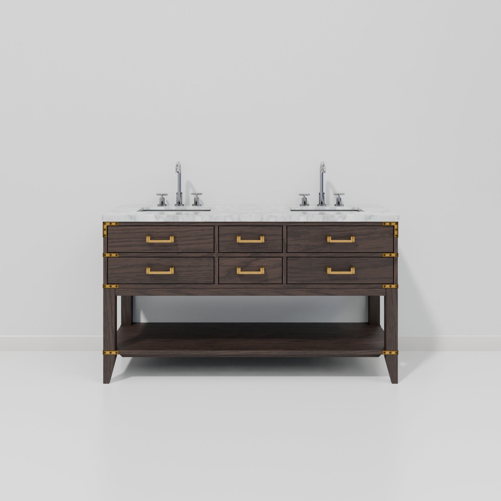 Brown Oak Double Bath Vanity 60 in. W x 22 in. D, Carrara Marble Top, and Faucet Set