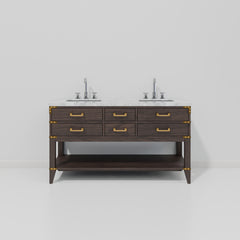 Brown Oak Double Bath Vanity 60 in. W x 22 in. D, Carrara Marble Top, and Faucet Set