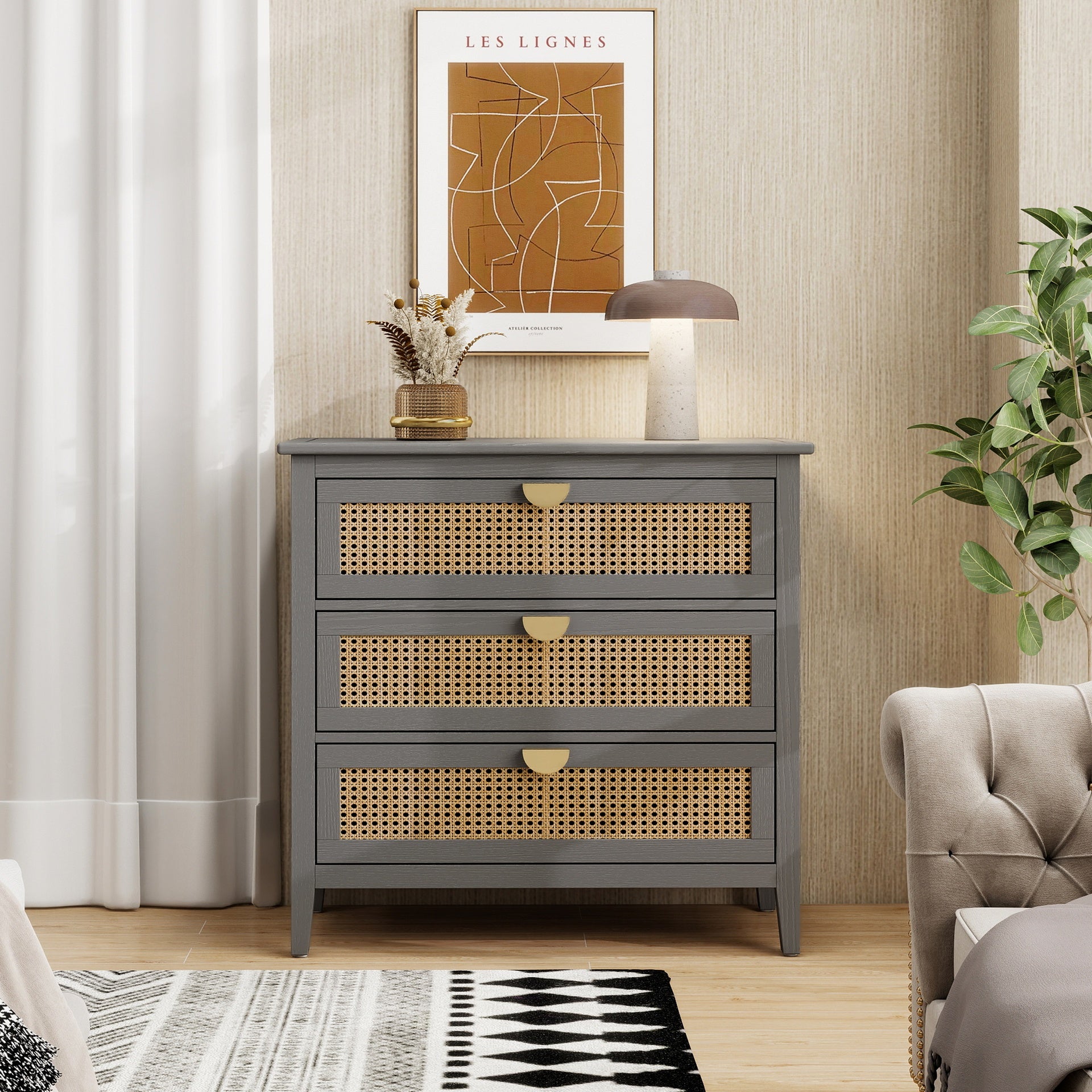3 Drawer Cabinet,Natural rattan,American Furniture,Suitable for bedroom, living room, study