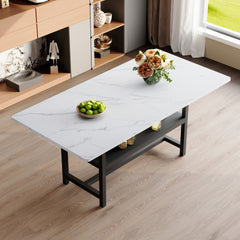 A 71 * 35.4 inch dining table with a tabletop cleverly pieced together by four white textured MDF boards. The desktop has a 43.3 * 19.7 storage platform. Very suitable for family gatherings,etc.