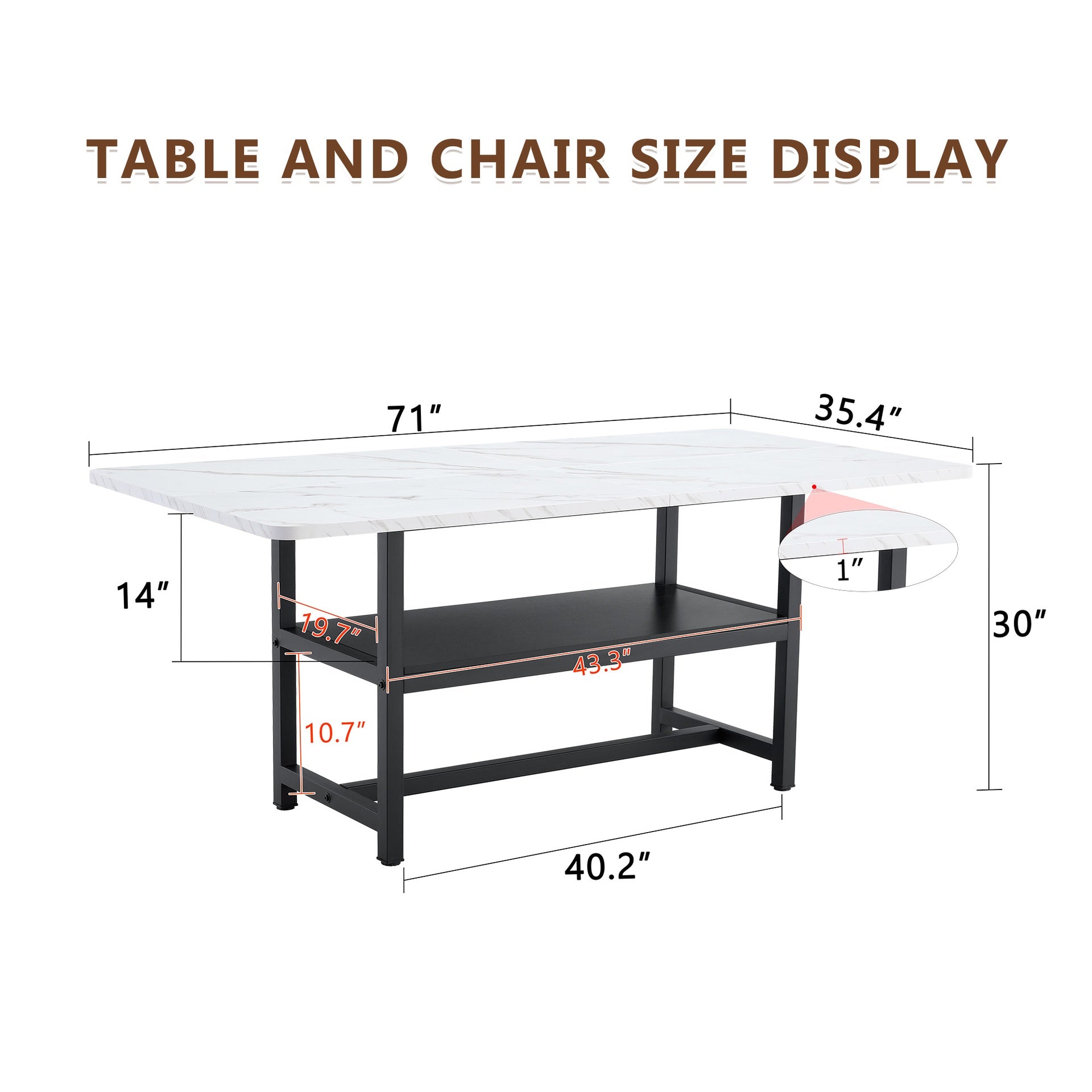 A 71 * 35.4 inch dining table with a tabletop cleverly pieced together by four white textured MDF boards. The desktop has a 43.3 * 19.7 storage platform. Very suitable for family gatherings,etc.