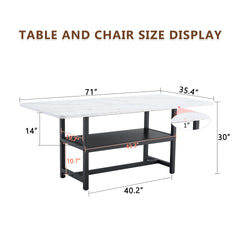 A 71 * 35.4 inch dining table with a tabletop cleverly pieced together by four white textured MDF boards. The desktop has a 43.3 * 19.7 storage platform. Very suitable for family gatherings,etc.