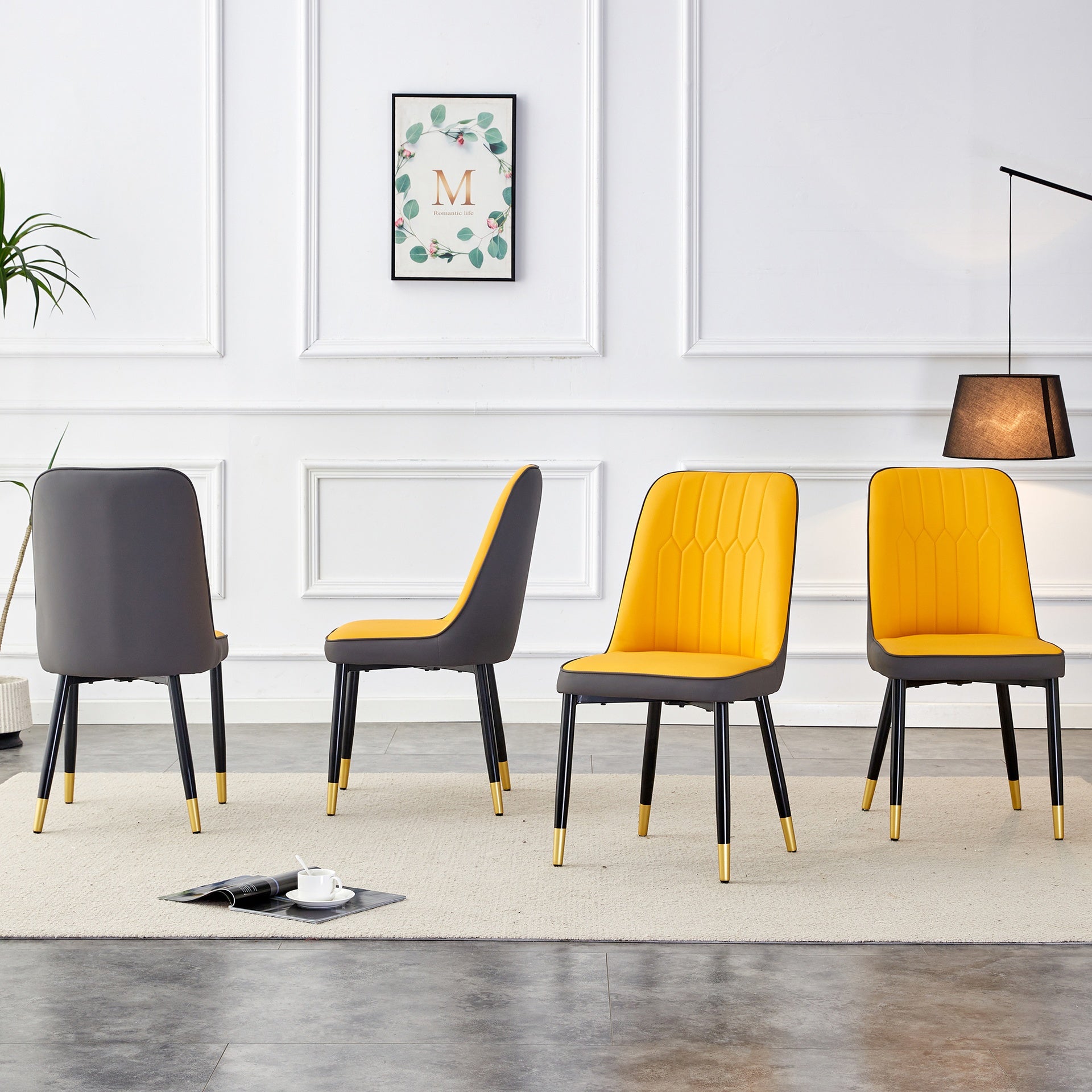 A modern dining chair with orange yellow dark gray dual tone PU leather backrest and black metal legs, suitable for kitchens, bedrooms, and offices. Set of 4 pieces (orange yellow, dark gray+PU)C-007