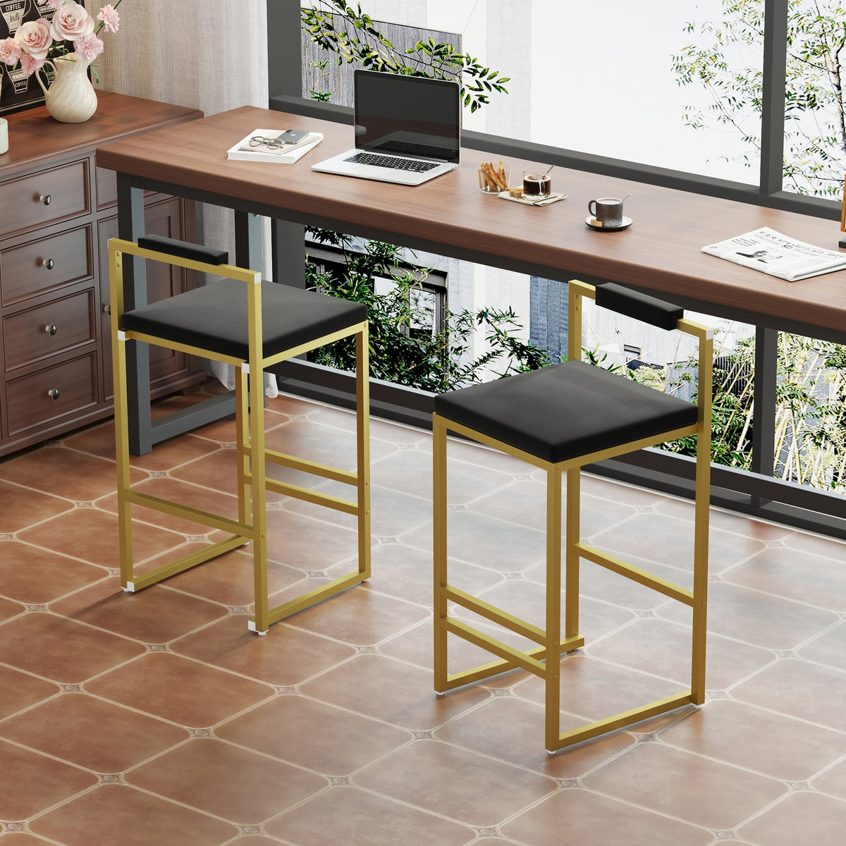 Modern Velvet Counter Height Bar Stools with Low Backrest Set of 2 Upholstered Dining Stools for Kitchen Island (Gold & Black)