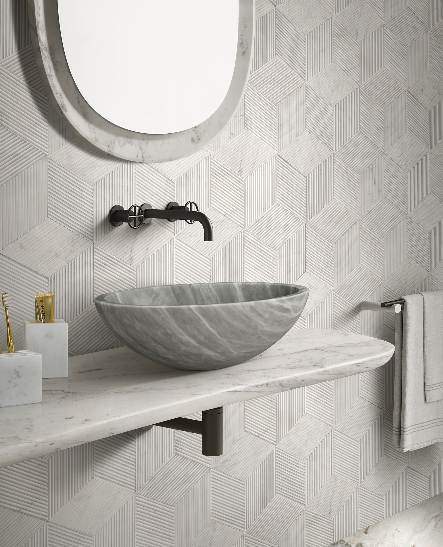 Carrara Gray natural marble bathroom vessel sink, semi-polished surface, natural stone, genuine marble, real marble, ⌀15.7XH5.9 inches/ ⌀400XH150 mm