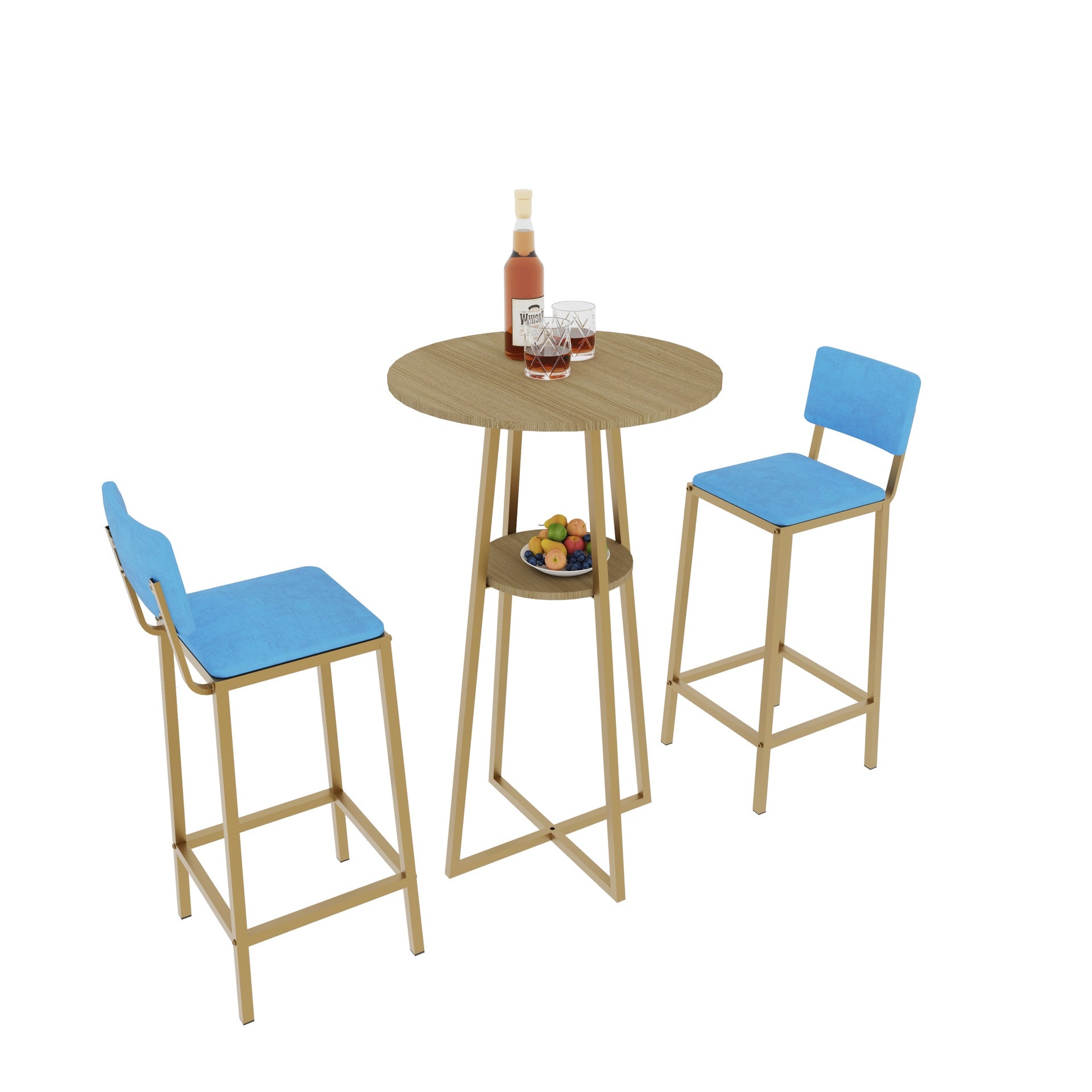 Bar table and chairs three piece set, gold frame, sponge made seat cushions and backrests, bar table with storage function (gold+brown tabletop+blue cushion)