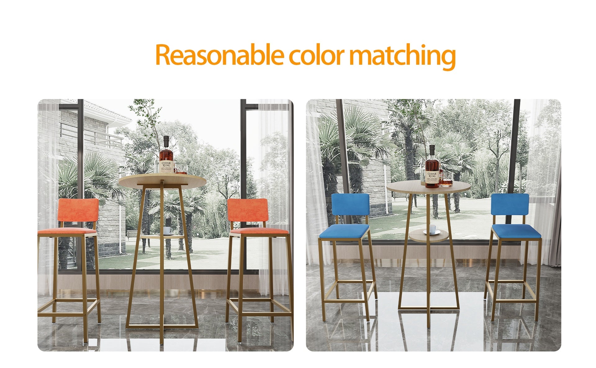 Bar table and chairs three piece set, gold frame, sponge made seat cushions and backrests, bar table with storage function (gold+brown tabletop+blue cushion)