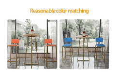 Bar table and chairs three piece set, gold frame, sponge made seat cushions and backrests, bar table with storage function (gold+brown tabletop+blue cushion)