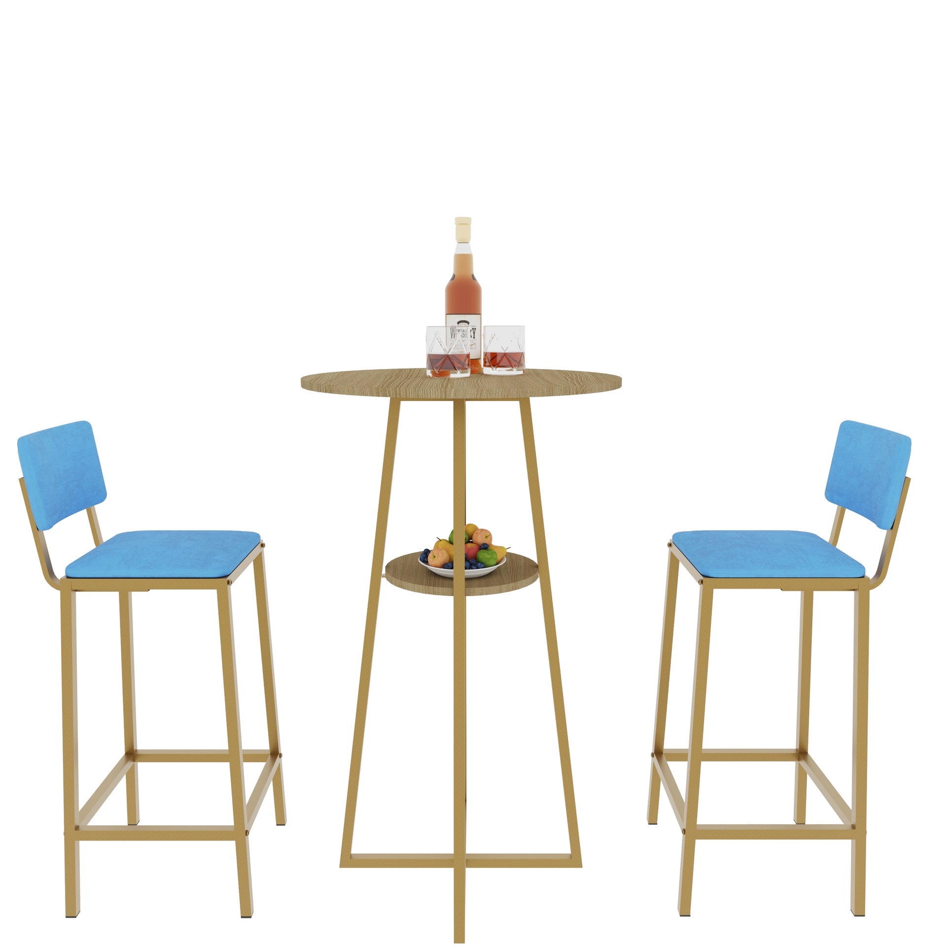 Bar table and chairs three piece set, gold frame, sponge made seat cushions and backrests, bar table with storage function (gold+brown tabletop+blue cushion)