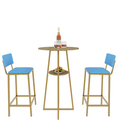 Bar table and chairs three piece set, gold frame, sponge made seat cushions and backrests, bar table with storage function (gold+brown tabletop+blue cushion)