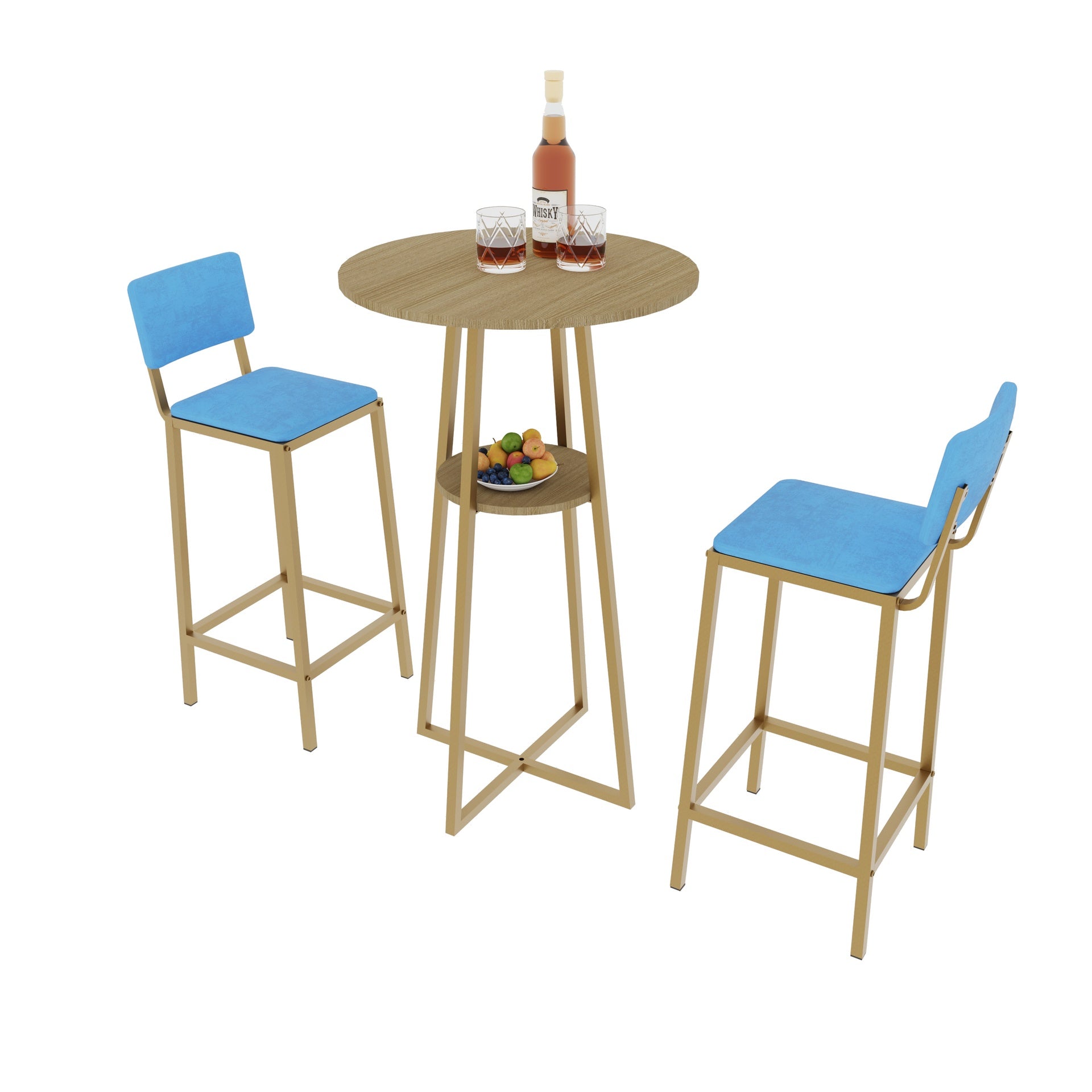 Bar table and chairs three piece set, gold frame, sponge made seat cushions and backrests, bar table with storage function (gold+brown tabletop+blue cushion)