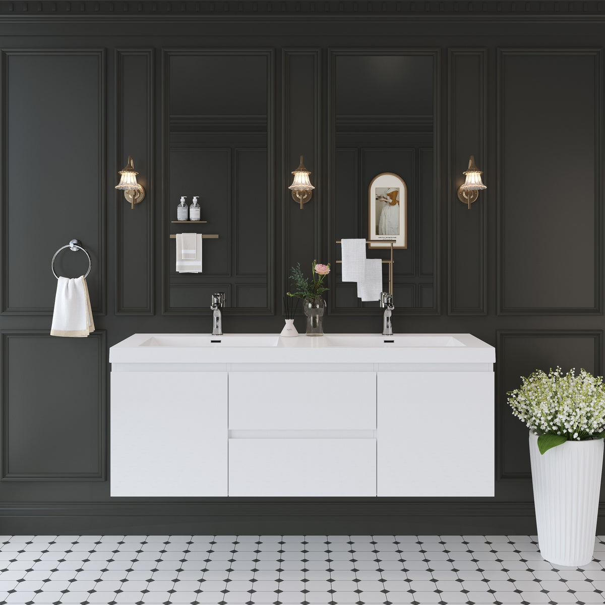 60" Floating Bathroom Vanity with Sink, Wall-Mounted Bathroom Storage Vanity Cabinet with Solid Surface Top Basin and Two Soft Close Drawers Fully Assembled, Glossy White GF-24V11-60DGW-W1573P152689