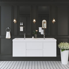 60" Floating Bathroom Vanity with Sink, Wall-Mounted Bathroom Storage Vanity Cabinet with Solid Surface Top Basin and Two Soft Close Drawers Fully Assembled, Glossy White GF-24V11-60DGW-W1573P152689