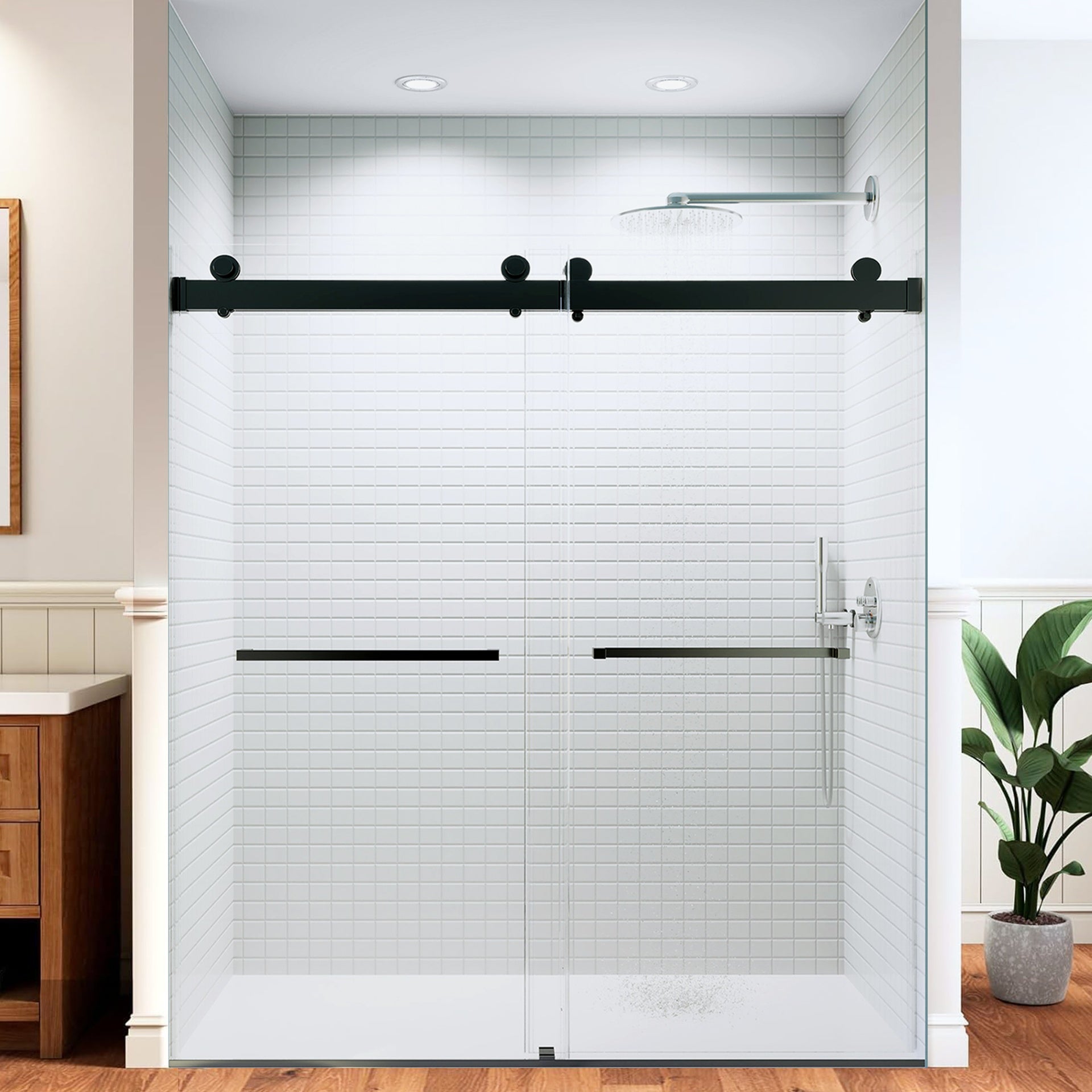 68"-72" W x 76" H  Frameless Sliding Shower Door, Frameless Shower Door, Shower Glass Door with 5/16" (8mm) Clear SGCC Tempered Glass, Explosion-Proof Film, Stainless Steel Hardware--Matte Black