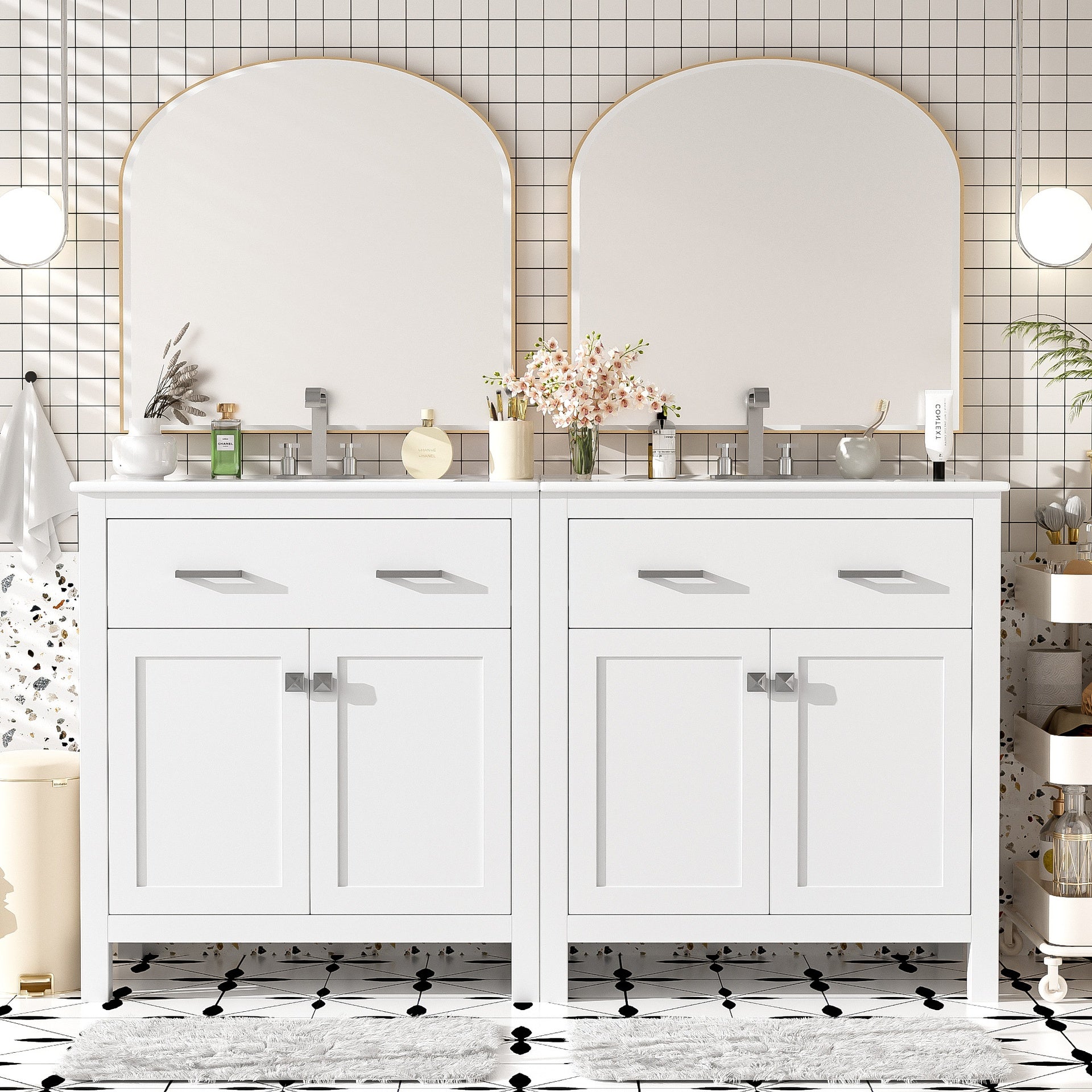 60" Modern White Bathroom Vanity Set with Double Vanities (Separate), Double Ceramic Sinks, Adjustable Shelf, Soft Close Doors and Flip Drawer– Modern Bathroom Solution for Spacious Bathrooms